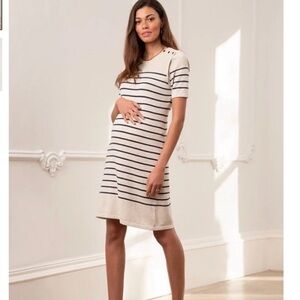 Seraphine Maternity Nursing Knit Sweater Dress Cream and Navy Stripes - XL